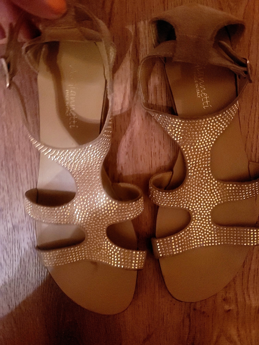 Italian A. Giannetti Tan Crystal-Embellished Leather T-Strap Sandals